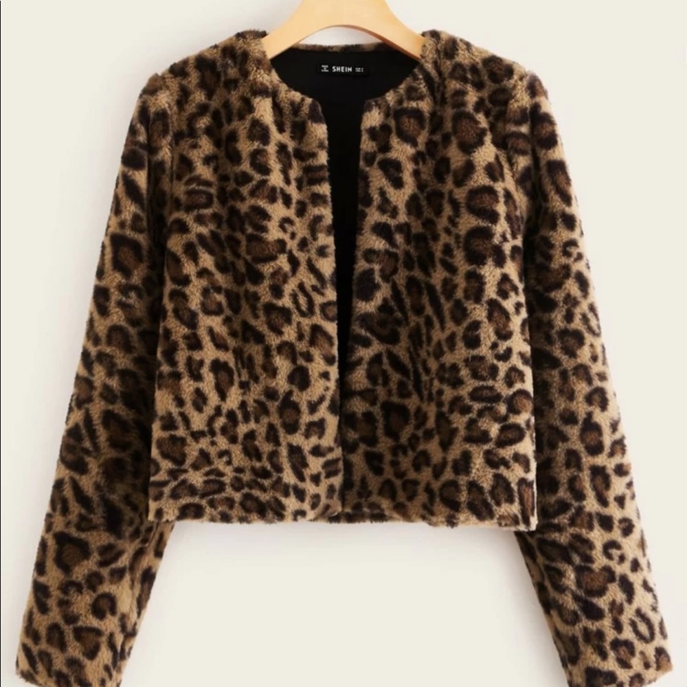 Open front leopard print fuzzy coat